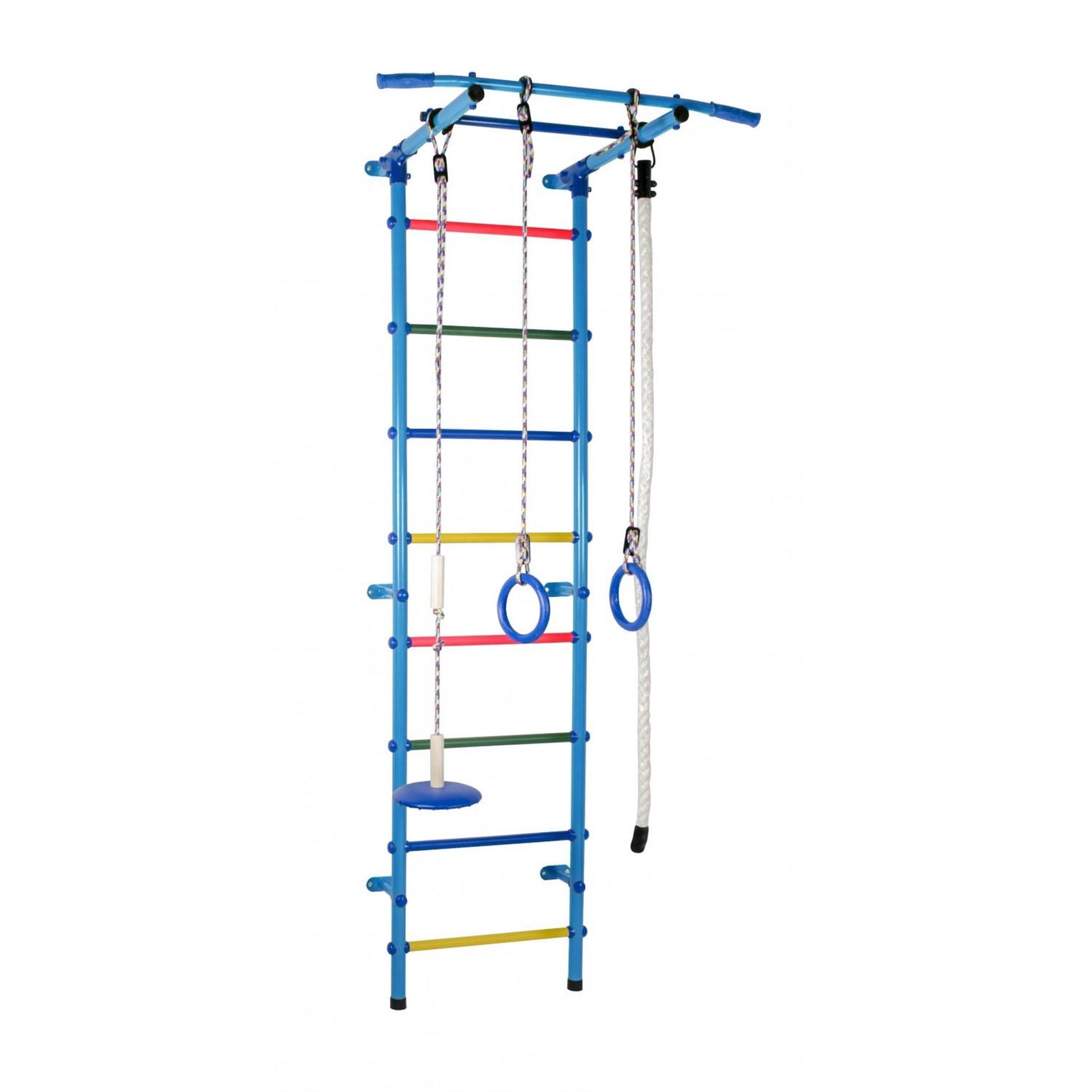 START1 Light Blue-Rainbow Children's Wall Gym with Rungs, Rings, and Swing 217*63*5.25 cm