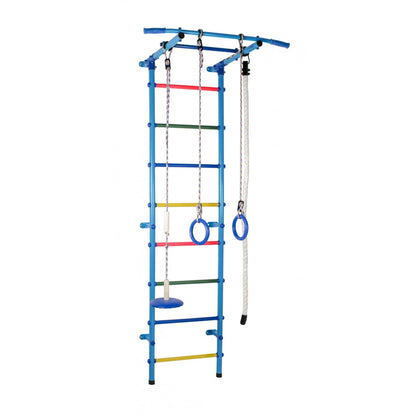 START1 Light Blue-Rainbow Children's Wall Gym with Rungs, Rings, and Swing 217*63*5.25 cm