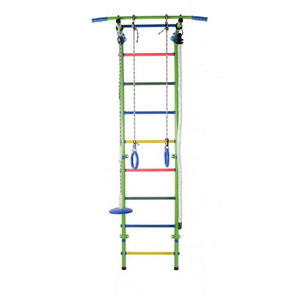 START1 Light Blue-Rainbow Children's Wall Gym with Rungs, Rings, and Swing 217*63*5.25 cm